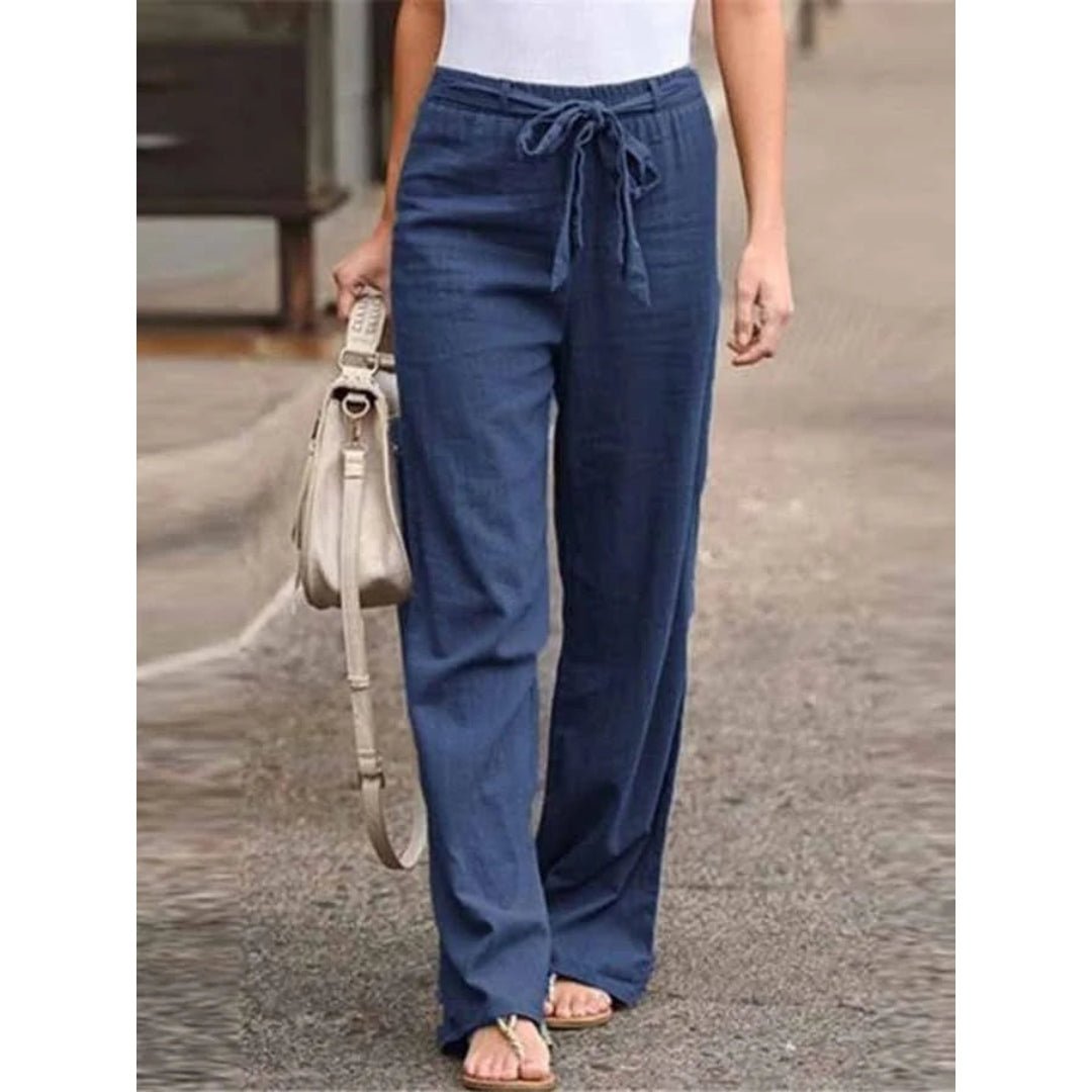 Amelie | Damen Weite Palazzo Hose mit Bindegürtel - Navy - Image 1