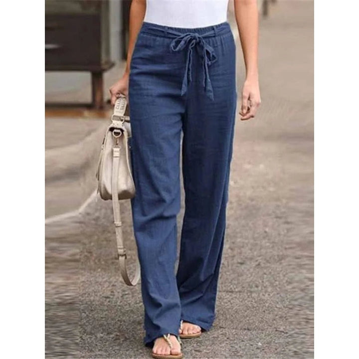 Amelie | Damen Weite Palazzo Hose mit Bindegürtel - Navy - Image 1