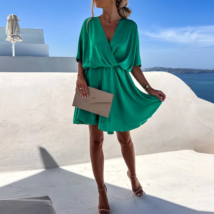 Ameline | Damen Wickelkleid Midi mit kurzen Ärmeln - Green - Image 4