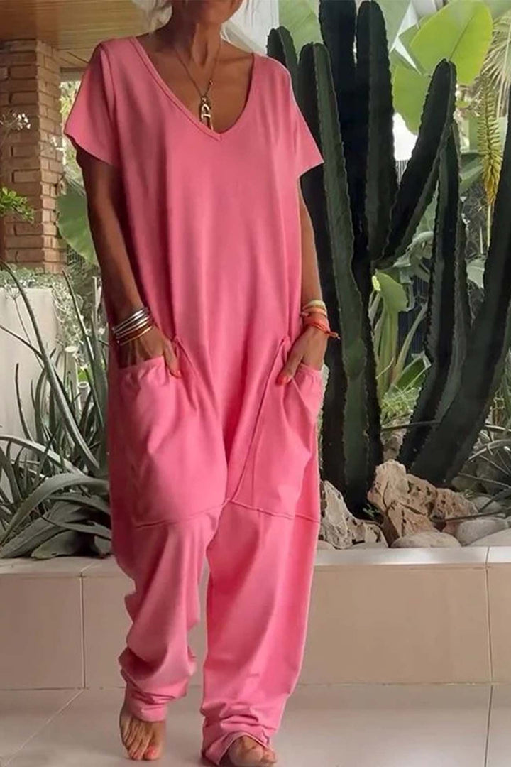 Amira | Damen V Ausschnitt Kurze Ärmel Jumpsuit - Pink - Image 1