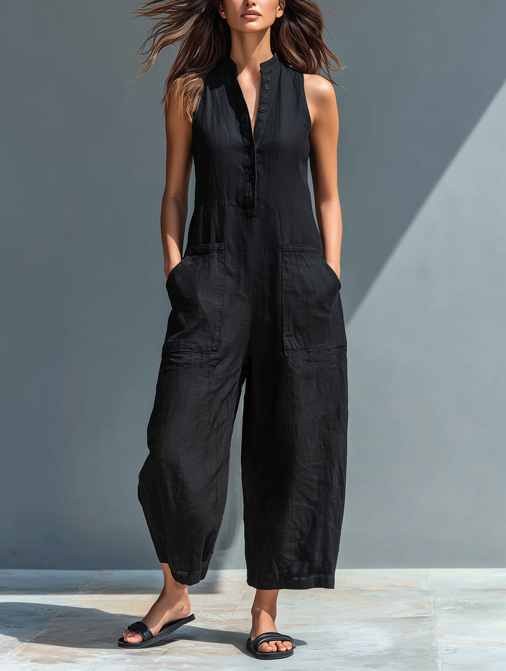 Anastasia | Damen Ärmellos Jumpsuit mit Knopfleiste - Black - Image 1