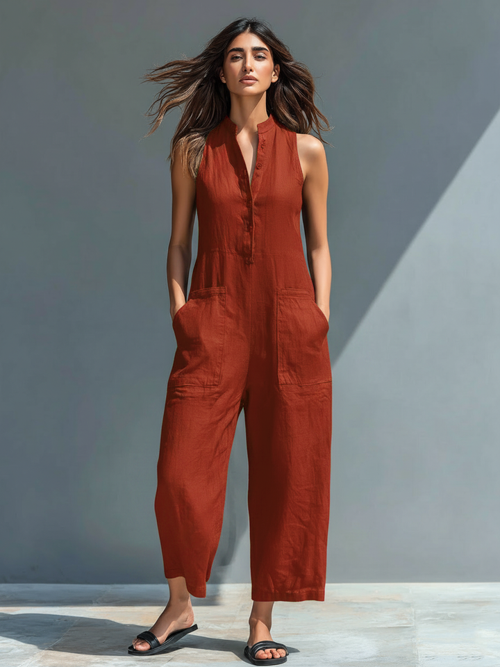Anastasia | Damen Ärmellos Jumpsuit mit Knopfleiste - Black - Image 5