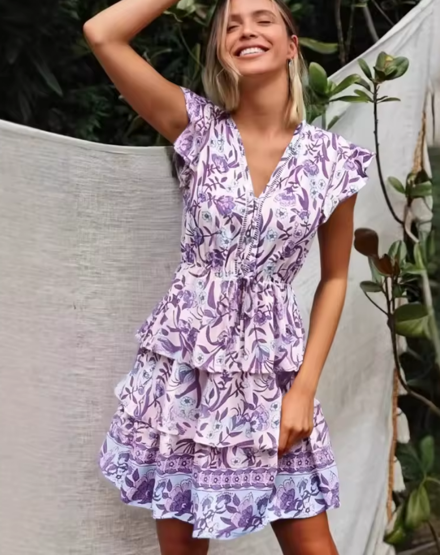Anika | Damen Blumenkleid V-Ausschnitt Gestuftes Minikleid - Floral - Image 1