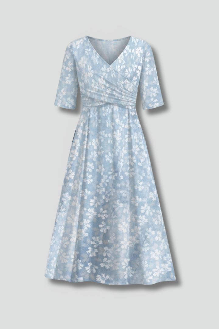 Anja | Damen Wickelkleid mit V-Ausschnitt Blumenmuster Midi - Light Blue - Image 1