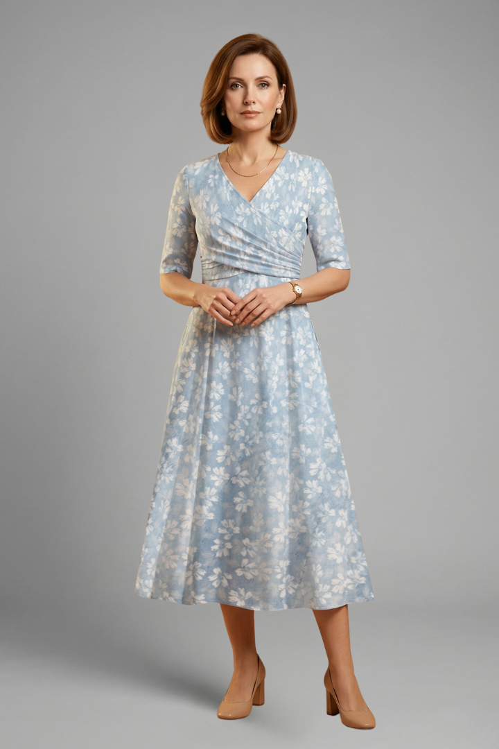 Anja | Damen Wickelkleid mit V-Ausschnitt Blumenmuster Midi - Light Blue - Image 2