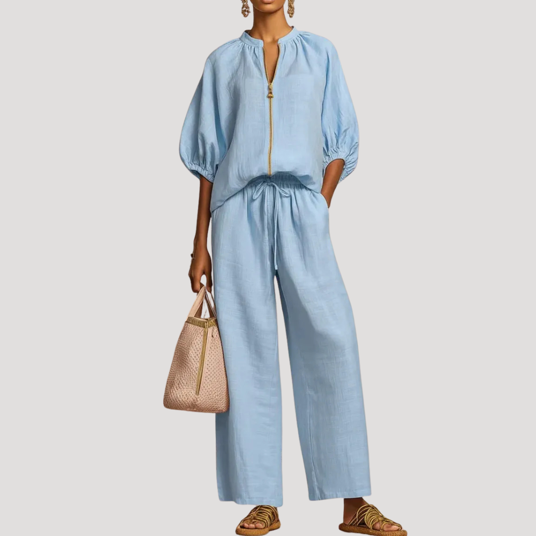 Anke | Damen Zweiteiler Set Weites Bein Puffärmel - Light Blue - Image 1