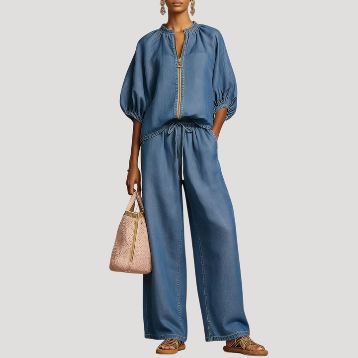 Anke | Damen Zweiteiler Set Weites Bein Puffärmel - Light Blue - Image 8