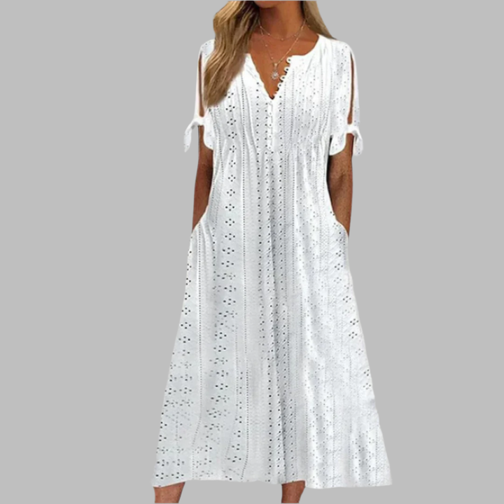 Anneke | Damen Lochstickerei V-Ausschnitt Midikleid - White - Image 1