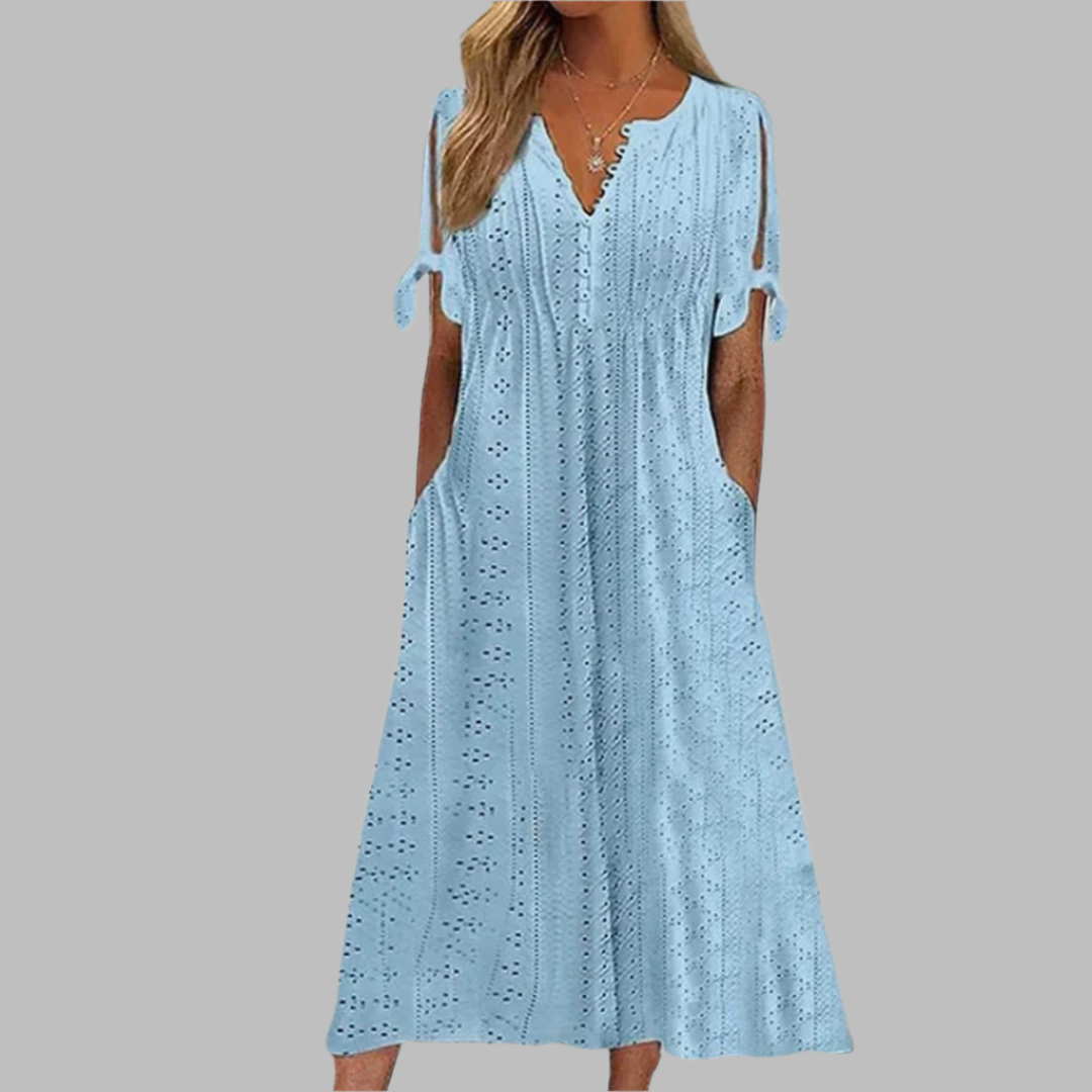 Anneke | Damen Lochstickerei V-Ausschnitt Midikleid - White - Image 3