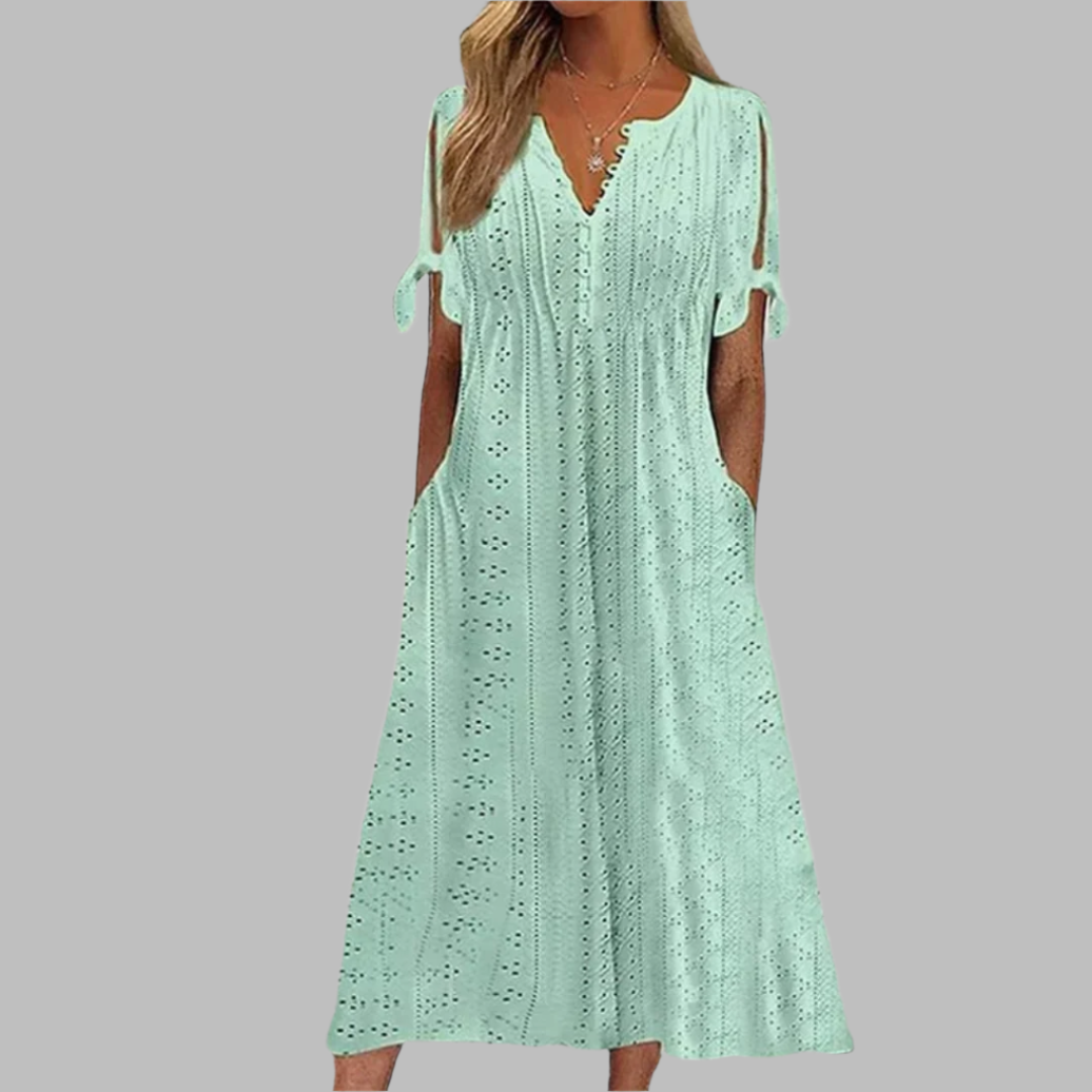 Anneke | Damen Lochstickerei V-Ausschnitt Midikleid - White - Image 4