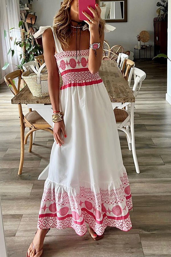 Annelie | Damen Boho Maxikleid Gesmoktes Oberteil Trägerkleid - White - Image 1