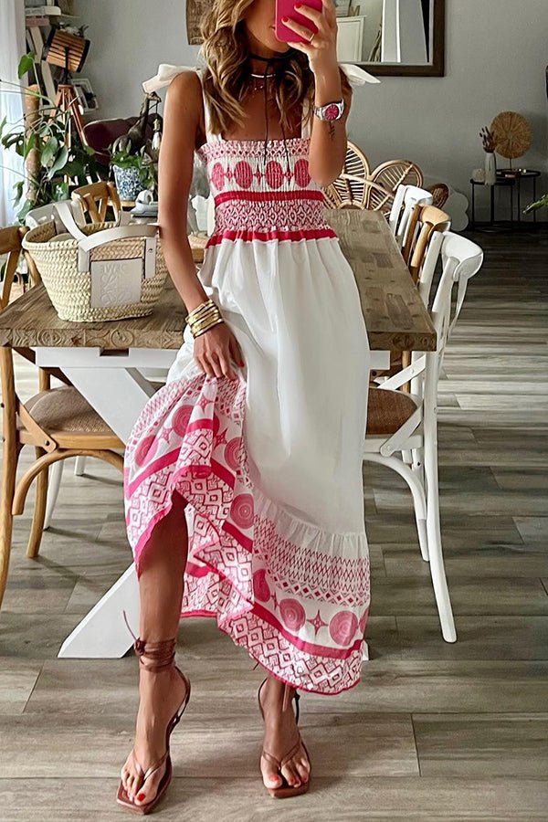 Annelie | Damen Boho Maxikleid Gesmoktes Oberteil Trägerkleid - White - Image 2