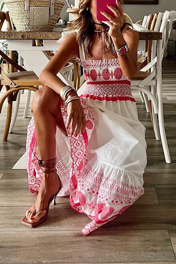 Annelie | Damen Boho Maxikleid Gesmoktes Oberteil Trägerkleid - White - Image 3