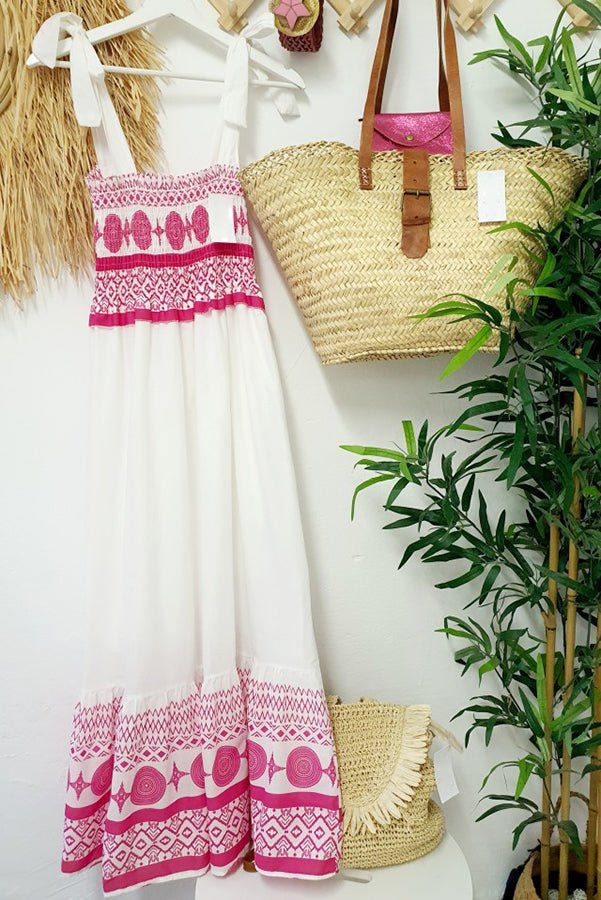 Annelie | Damen Boho Maxikleid Gesmoktes Oberteil Trägerkleid - White - Image 5