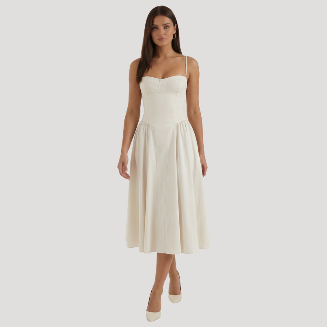 Annelie | Damen Korsett Midi Kleid mit Herzausschnitt - Beige - Image 1
