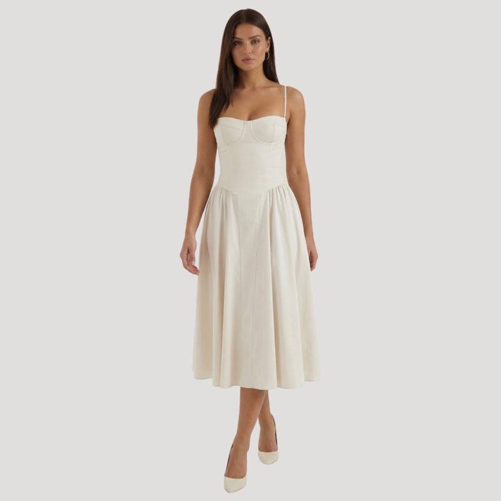 Annelie | Damen Korsett Midi Kleid mit Herzausschnitt - Beige - Image 1