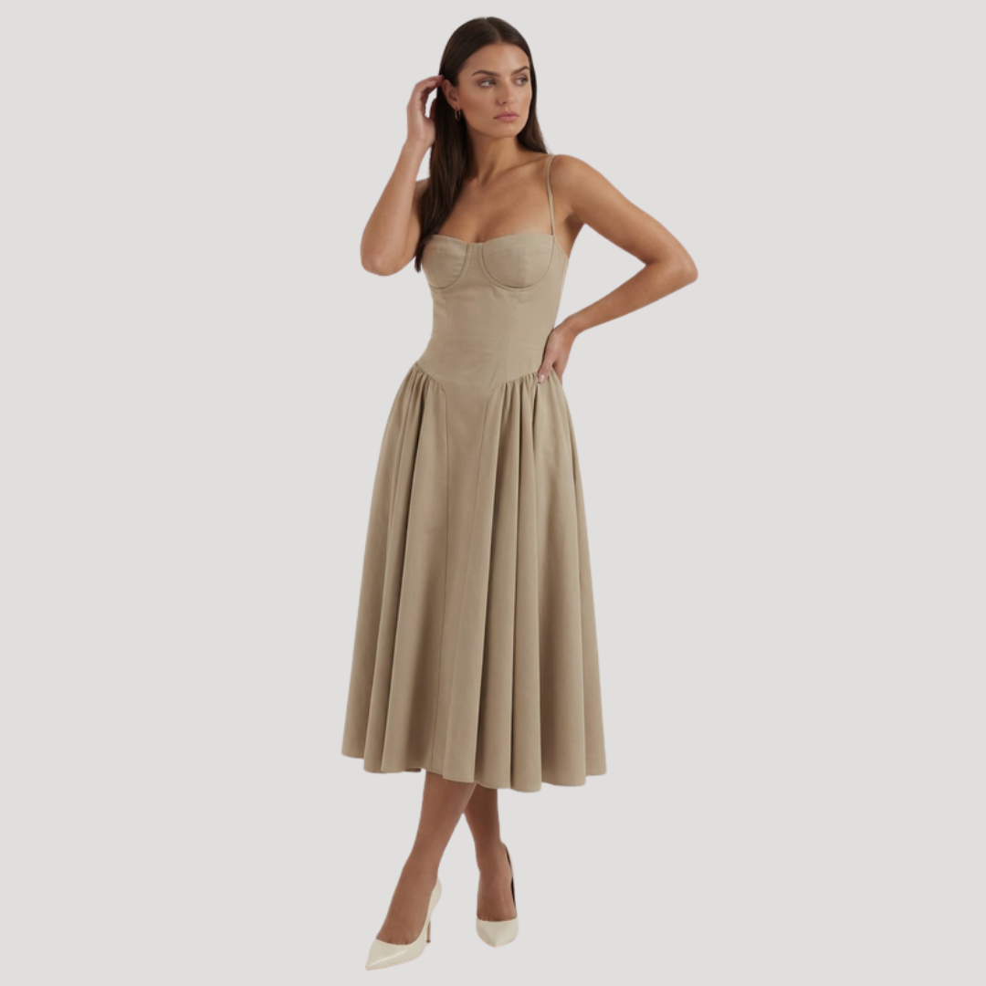 Annelie | Damen Korsett Midi Kleid mit Herzausschnitt - Beige - Image 6