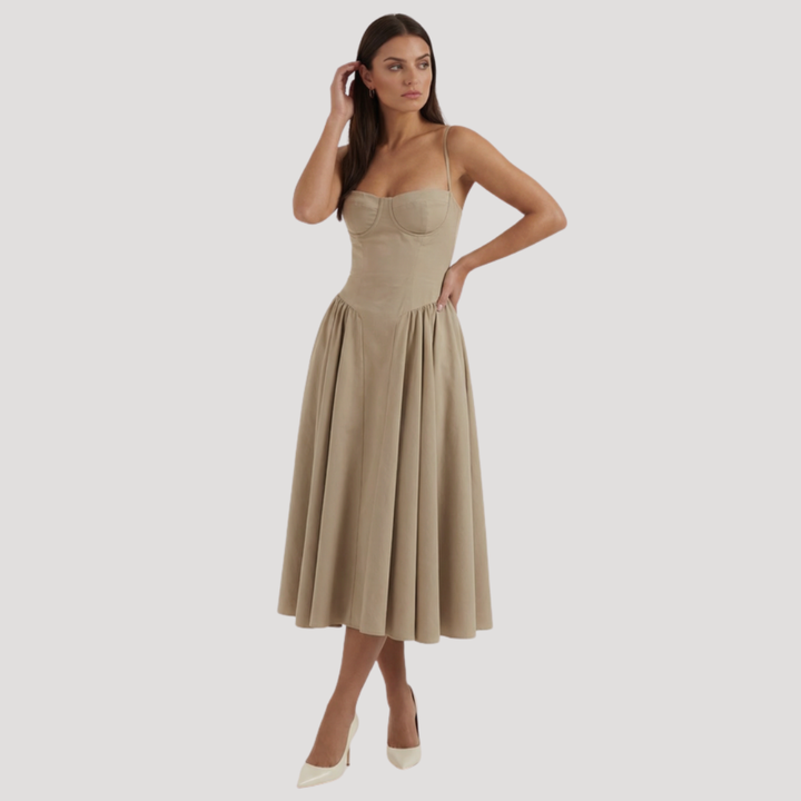 Annelie | Damen Korsett Midi Kleid mit Herzausschnitt - Beige - Image 6
