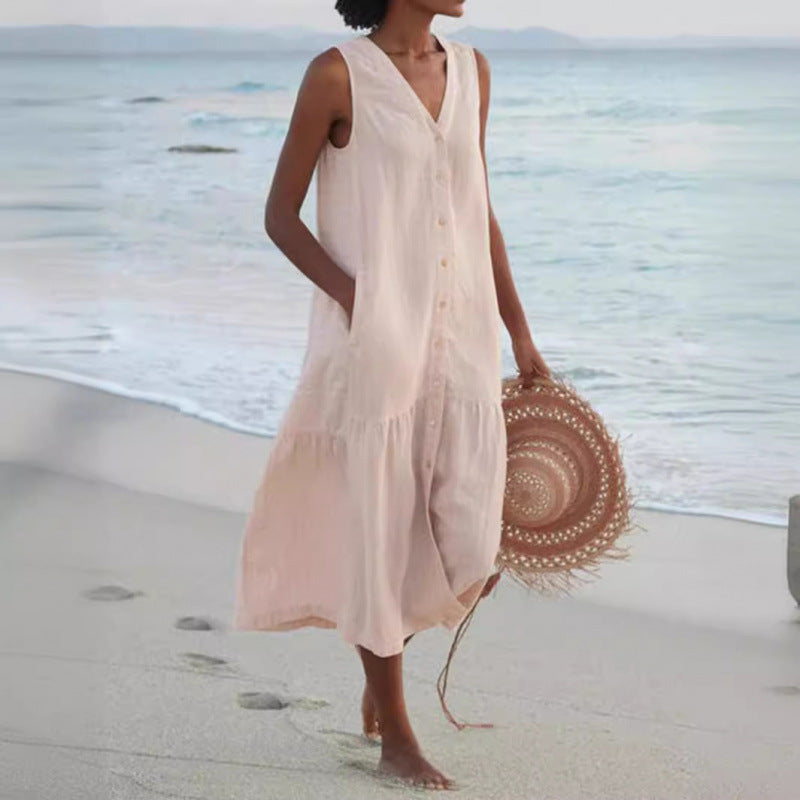 Annelie | Damen Ärmelloses Midikleid V-Ausschnitt Knopfleiste - Light Pink - Image 1