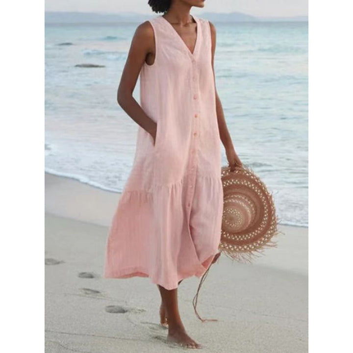 Annelie | Damen Ärmelloses Midikleid V-Ausschnitt Knopfleiste - Light Pink - Image 11