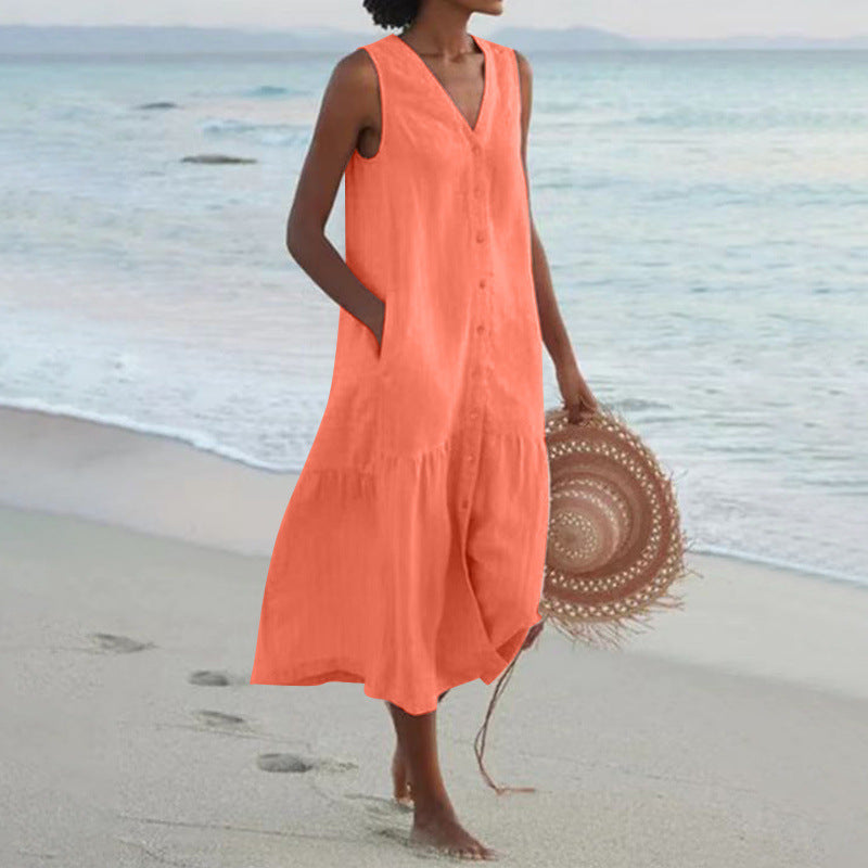 Annelie | Damen Ärmelloses Midikleid V-Ausschnitt Knopfleiste - Light Pink - Image 3
