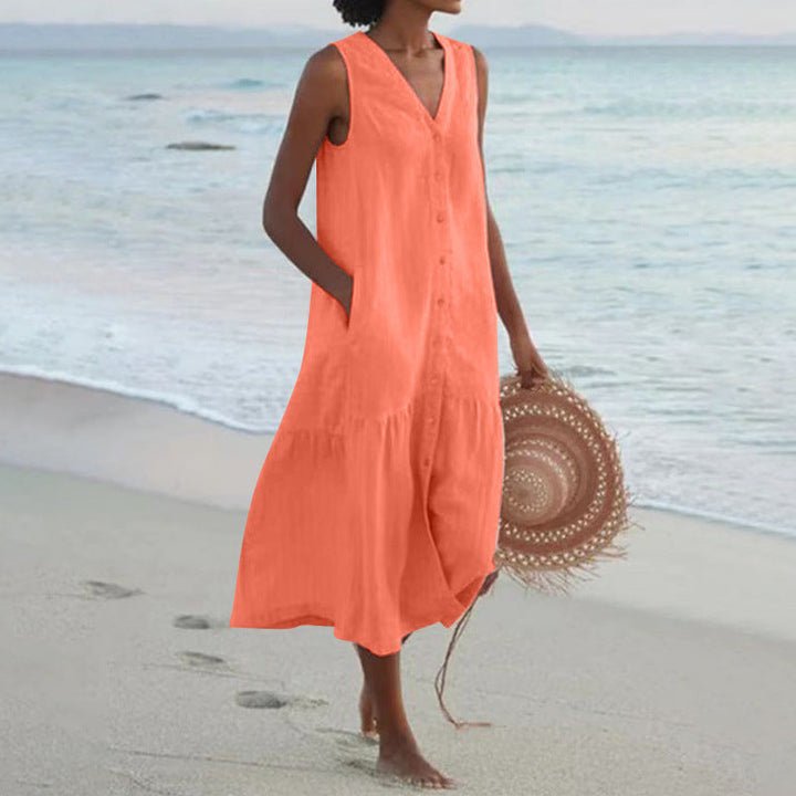 Annelie | Damen Ärmelloses Midikleid V-Ausschnitt Knopfleiste - Light Pink - Image 3
