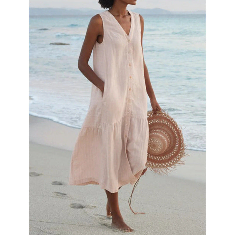 Annelie | Damen Ärmelloses Midikleid V-Ausschnitt Knopfleiste - Light Pink - Image 4