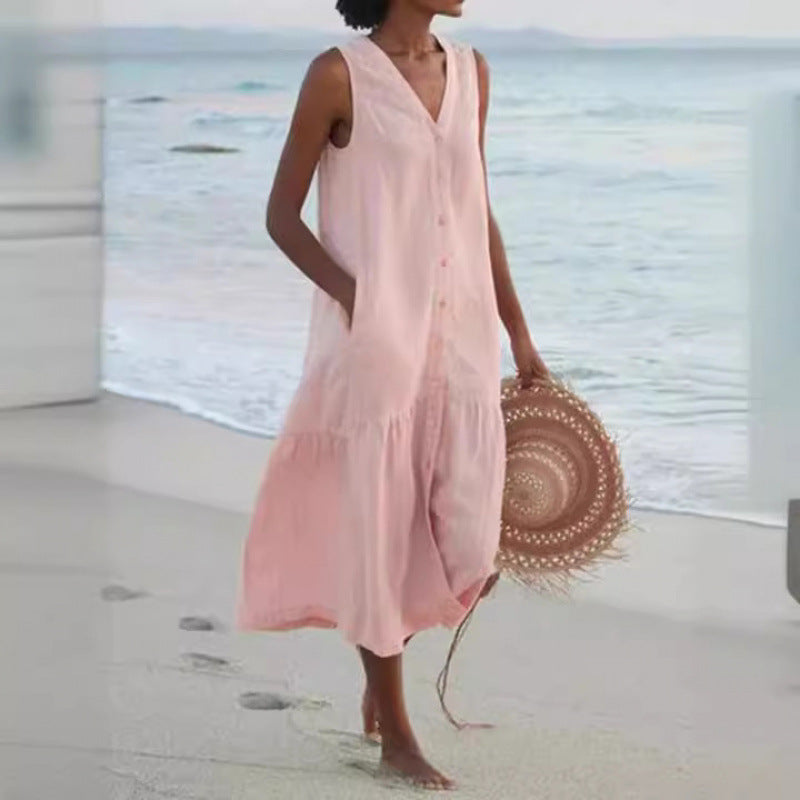 Annelie | Damen Ärmelloses Midikleid V-Ausschnitt Knopfleiste - Light Pink - Image 5
