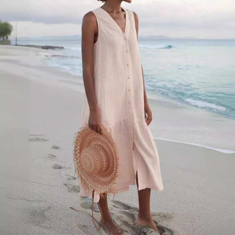 Annelie | Damen Ärmelloses Midikleid V-Ausschnitt Knopfleiste - Light Pink - Image 6