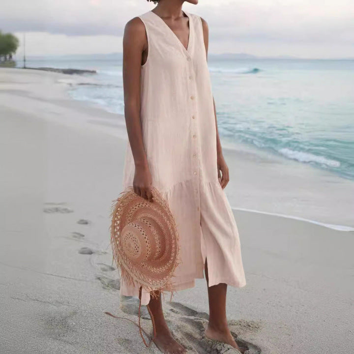 Annelie | Damen Ärmelloses Midikleid V-Ausschnitt Knopfleiste - Light Pink - Image 6