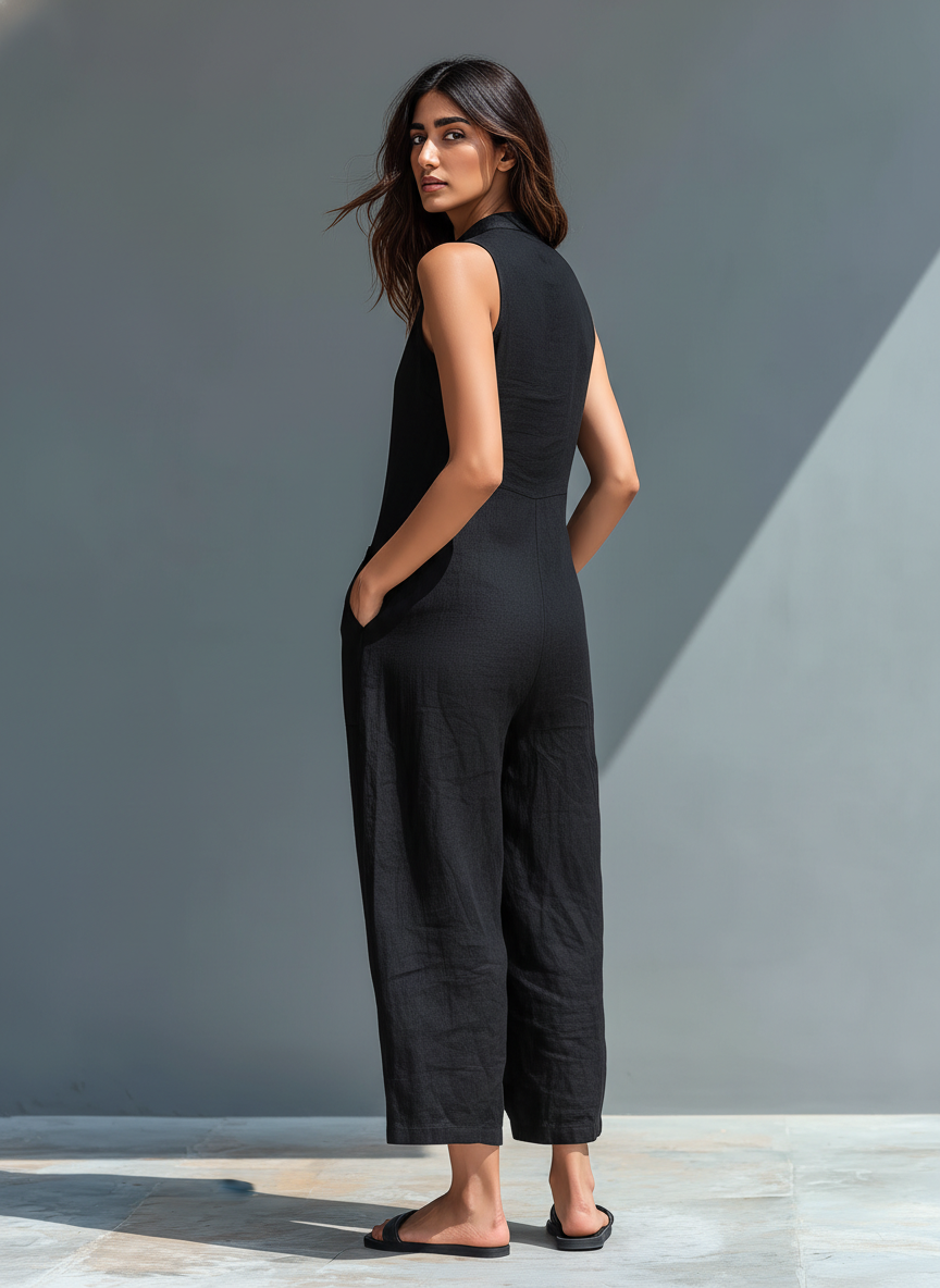 Anneliese | Damen Ärmelloser Jumpsuit mit Knopfverschluss - Black - Image 2
