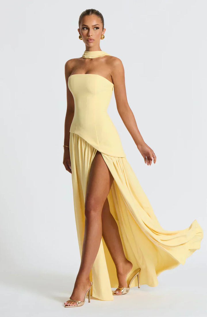 Anneliese | Damen Trägerloses Maxi Abendkleid mit Schlitz - Yellow - Image 1