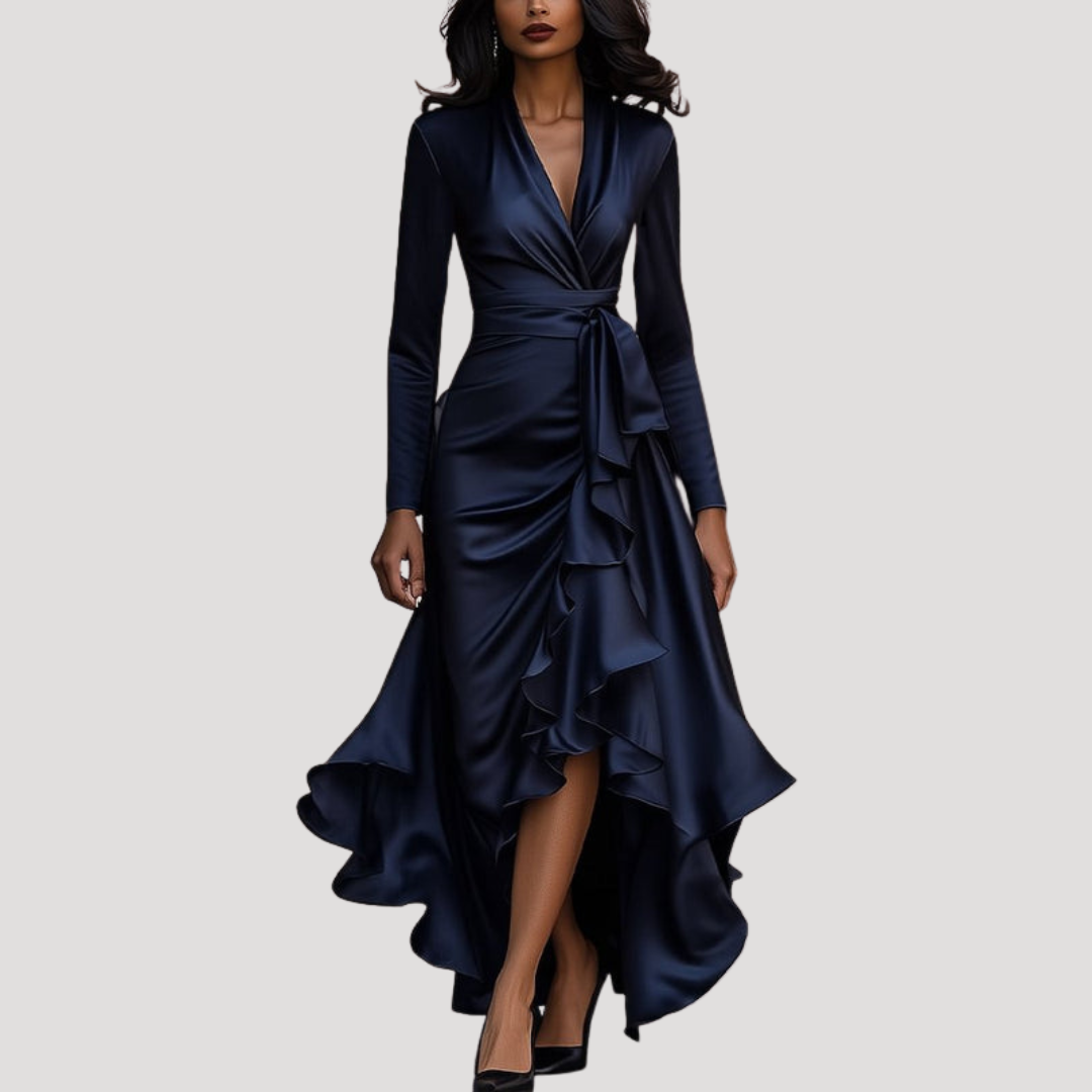 Anneliese | Damen Wickelkleid Langarm Volant Maxikleid - Navy - Image 1
