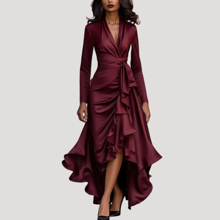 Anneliese | Damen Wickelkleid Langarm Volant Maxikleid - Navy - Image 2