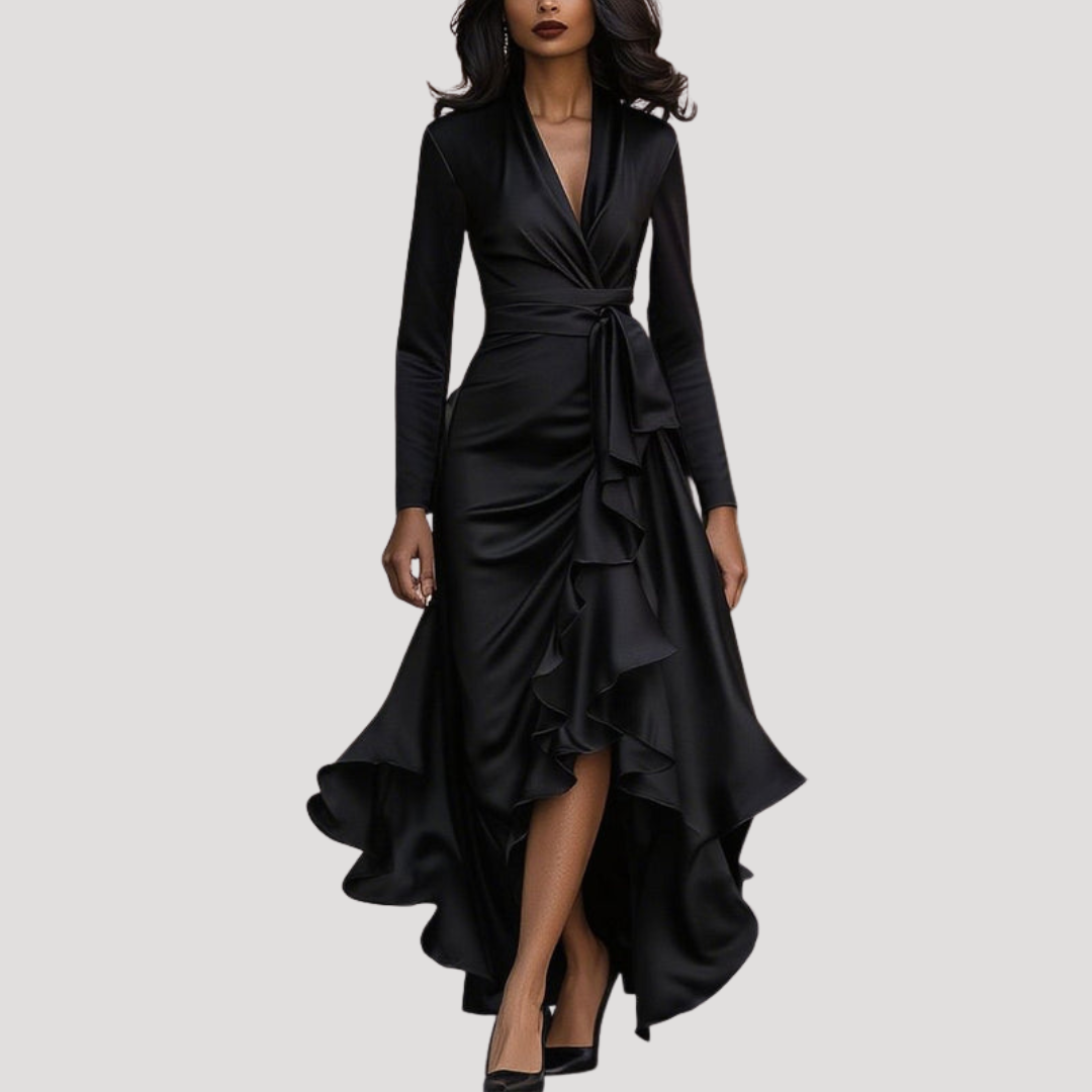 Anneliese | Damen Wickelkleid Langarm Volant Maxikleid - Navy - Image 3