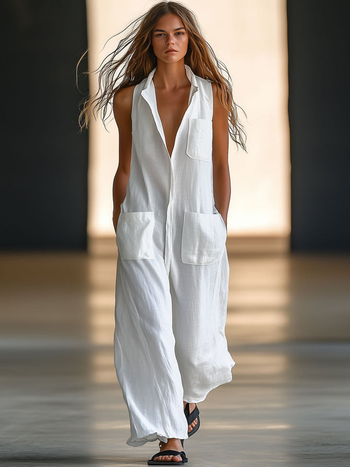 Annerose | Damen Ärmellos Weites Bein Jumpsuit - White - Image 1
