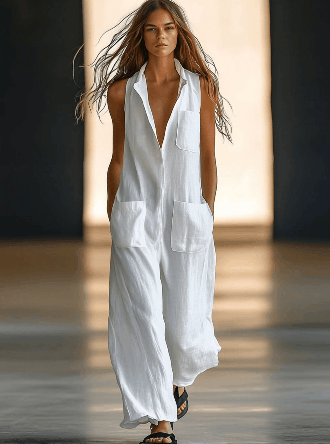 Annerose | Damen Ärmellos Weites Bein Jumpsuit - White - Image 2