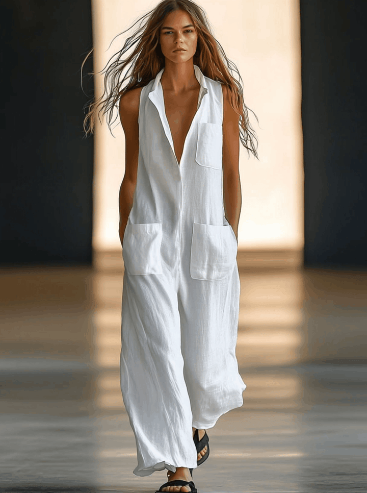 Annerose | Damen Ärmellos Weites Bein Jumpsuit - White - Image 2
