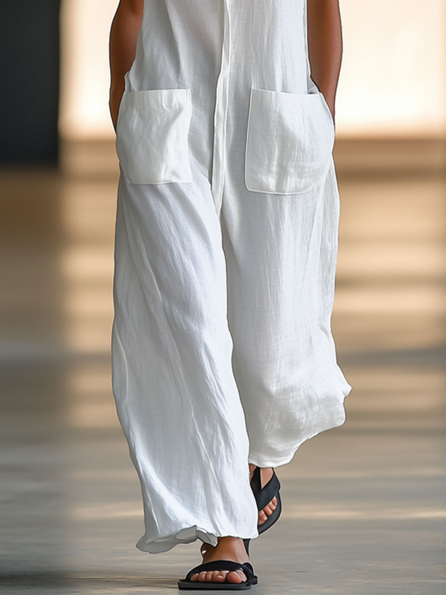 Annerose | Damen Ärmellos Weites Bein Jumpsuit - White - Image 5