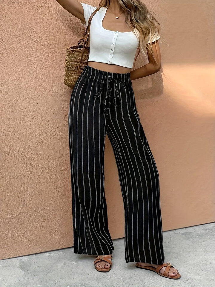 Annika | Damen Gestreifte Wide Leg High Waist Hose - Striped - Image 3
