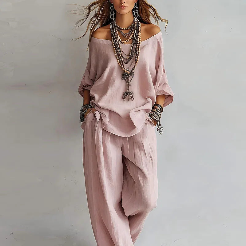 Annika | Damen Off Shoulder Zweiteiler Set - Pink - Image 1