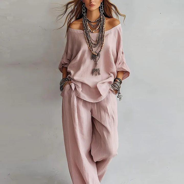 Annika | Damen Off Shoulder Zweiteiler Set - Pink - Image 1