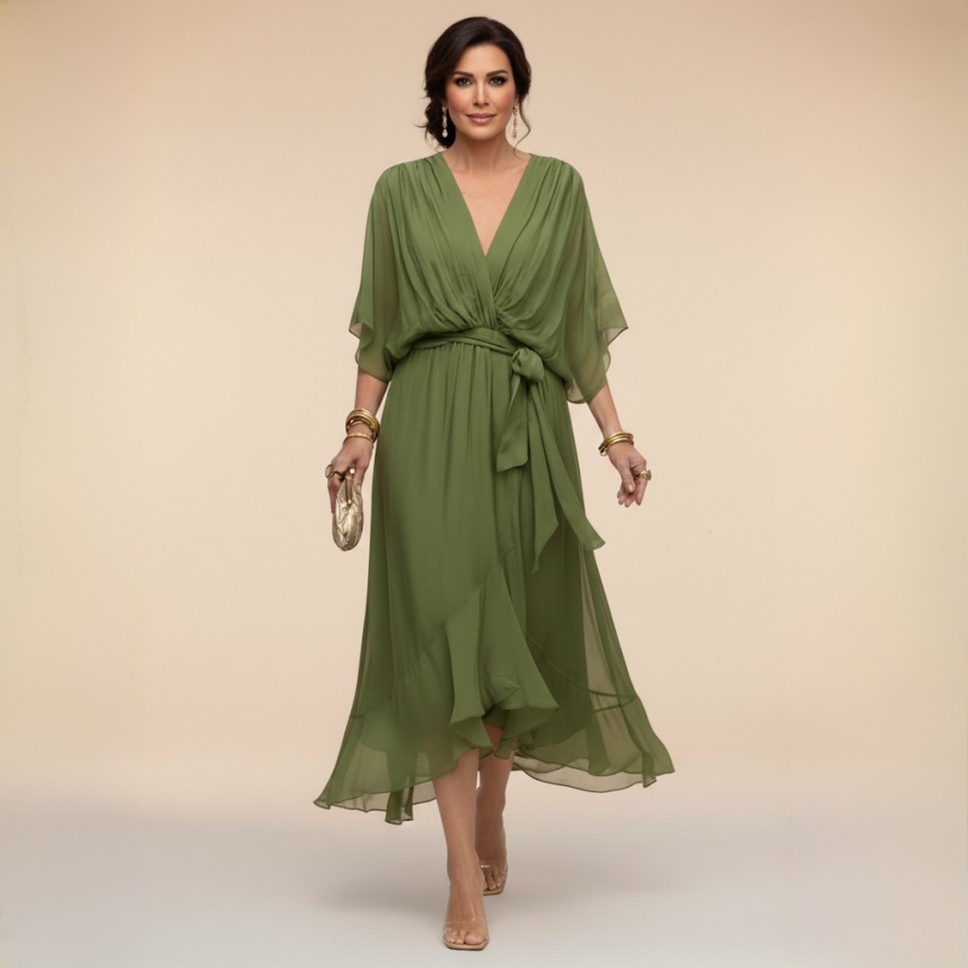 Annika | Damen V-Ausschnitt Wickelkleid Midi - Green - Image 1