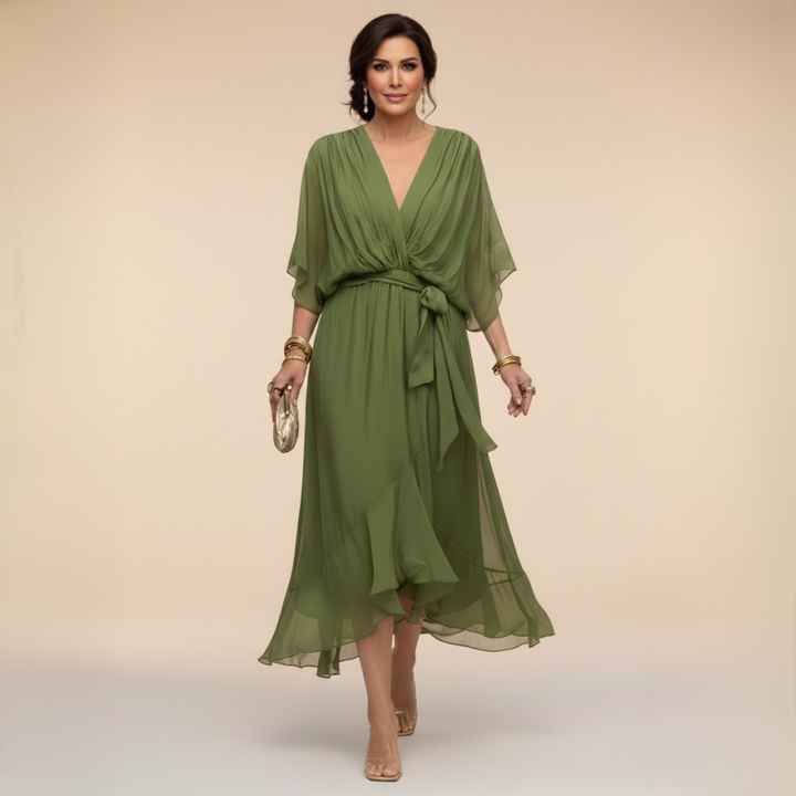 Annika | Damen V-Ausschnitt Wickelkleid Midi - Green - Image 1