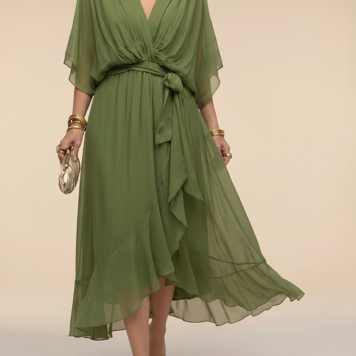 Annika | Damen V-Ausschnitt Wickelkleid Midi - Green - Image 2