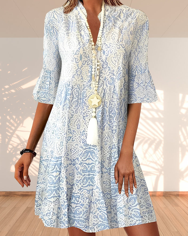 Anouk | Damen Boho Kleid V-Ausschnitt 3/4 Ärmel - Light Blue - Image 1