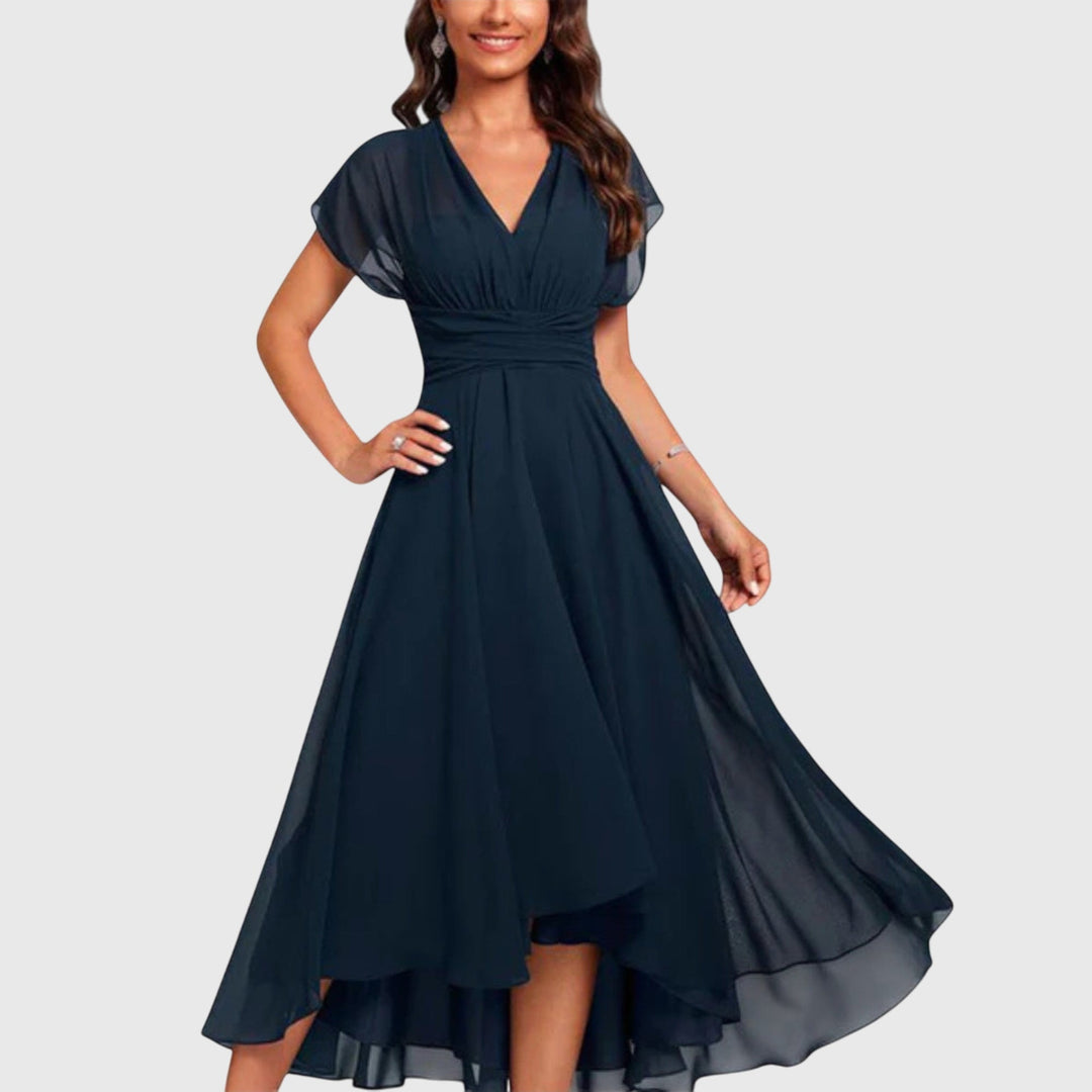 Aramina | Damen V-Ausschnitt A-Linie Midikleid - Navy - Image 1