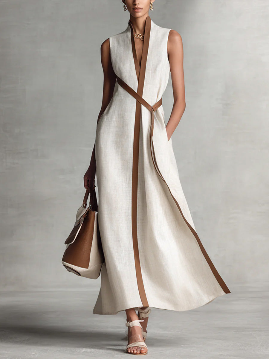 Araminta | Damen Ärmelloses V-Ausschnitt Maxikleid - Beige - Image 1