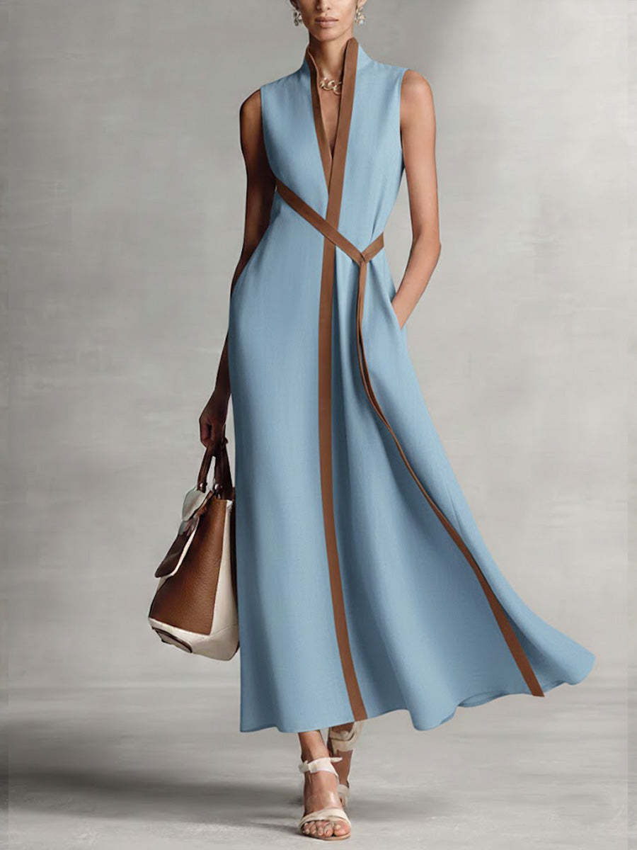 Araminta | Damen Ärmelloses V-Ausschnitt Maxikleid - Beige - Image 2