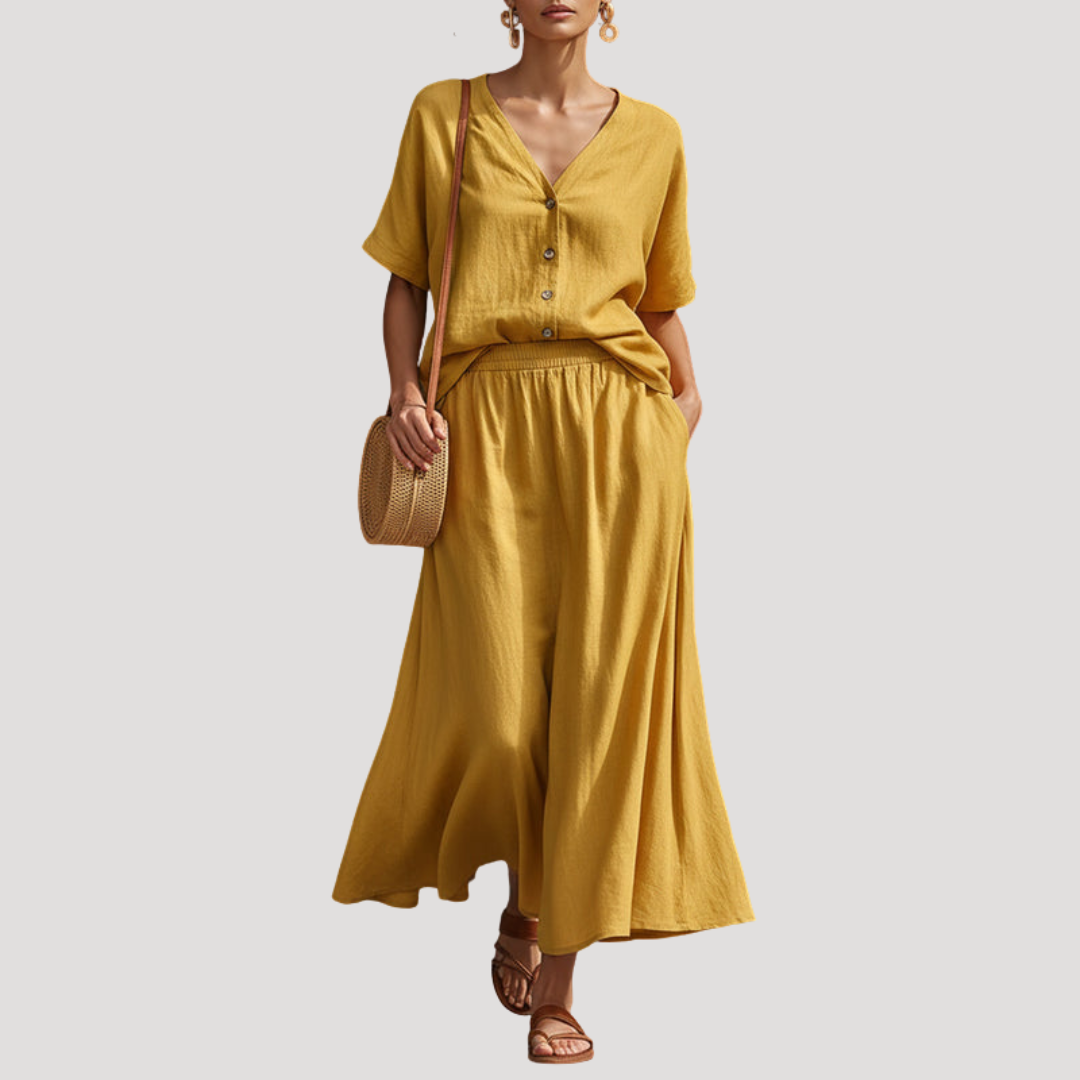 Arlinde | Damen Zweiteiler V-Ausschnitt Midi Rock Set - Yellow - Image 1